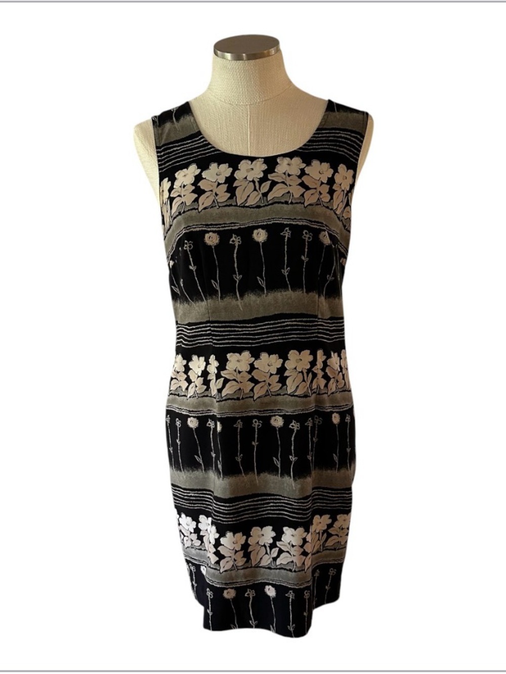 Vintage 90s Kathie Lee Collection Black Floral B Print Sheath Dress Size 8
